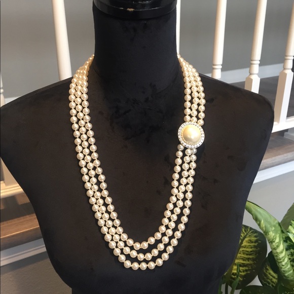 Jewelry - 3-strand Pearl & Rhinestone Necklace & Earrings